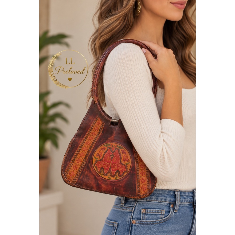 Vintage Tote Bag Womens Large Brown Tooled Leather Boho Artisan India Llama Bag